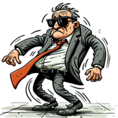 En tegneseriefigur af en mand i jakkesæt med solbriller, der står med en selvsikker holdning.