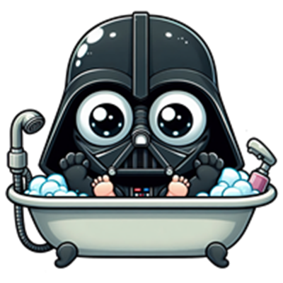 En tegneserieversion af Darth Vader, der sidder i et badekar fyldt med skum.