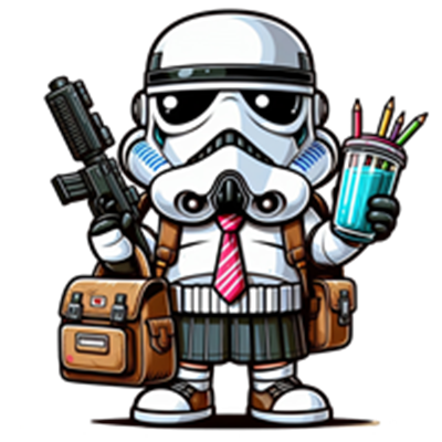 En sjov og farverig illustration af en Stormtrooper i skoleuniform, der holder en drink og en taske.