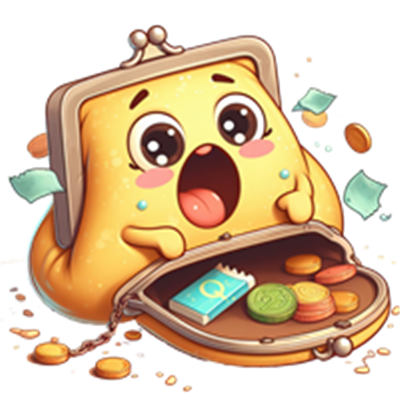 En sød, gul pung med store øjne, der ser overrasket ud, fyldt med slik og mønter.