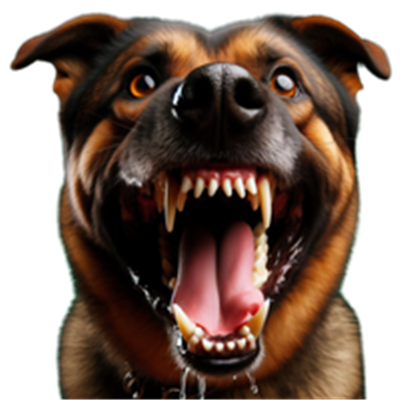 Et billede af en hund, der viser tænderne og ser truende ud.