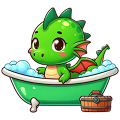 En farverig, sød drage sidder i et badekar fyldt med skum, klar til leg.