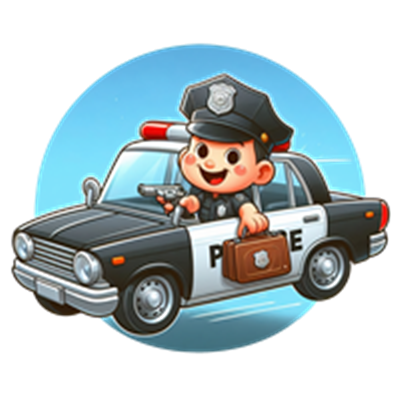 En farverig illustration af en glad politibetjent i en politibil, klar til at tage på opgave.