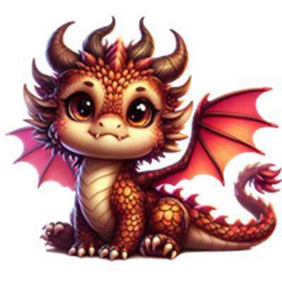 En farverig og nuttet drage med skæl og store øjne, der sidder med udstrakte vinger.