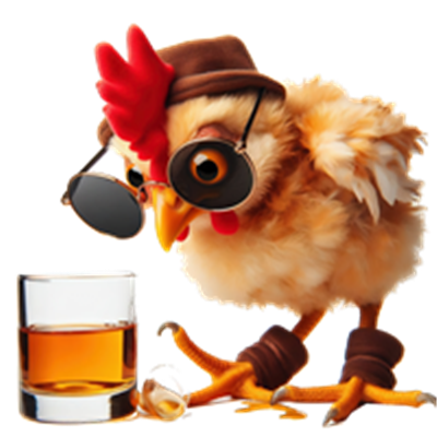 En sød kylling iført solbriller og hat, der står ved siden af et glas whiskey.