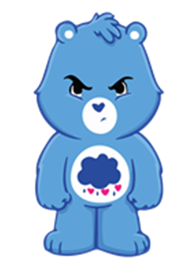 En sød, blå bamse med en sky og regndråber på maven, der ser lidt sur ud.