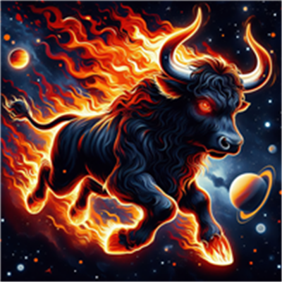 En dramatisk illustration af en tyr, der løber gennem rummet med flammer og planeter omkring sig.