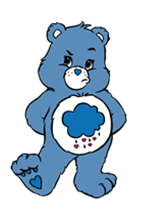 En blå bamse med en sky og dråber på maven, der ser lidt sur ud.