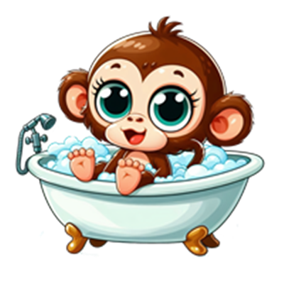 En sød, cartoonagtig abe sidder i et badekar fyldt med skum, med store, udtryksfulde øjne.