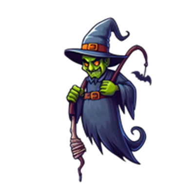 En spøgelsesagtig heks iført en blå hat og med en kost, der ser skræmmende ud.