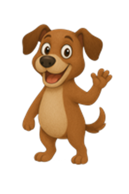 En glad, tegnet hund står oprejst og vinker med en venlig attitude.
