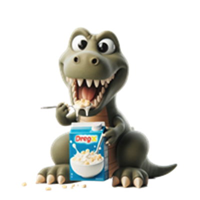 En sjov dinosaur, der spiser morgenmad fra en mælkekarton.