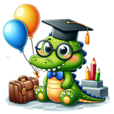 En farverig dinosaur iført studenterhue og briller, der holder balloner og sidder med en taske.