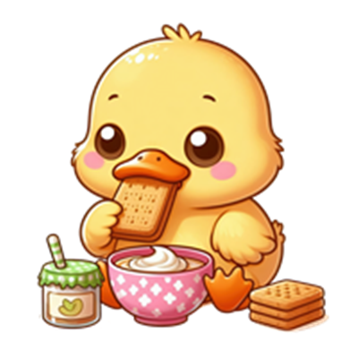 En sød, tegnet and, der spiser en småkage og sidder ved en skål med dessert.