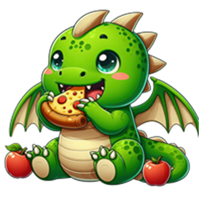 En farverig, tegneserieagtig drage, der spiser pizza og sidder blandt æbler.