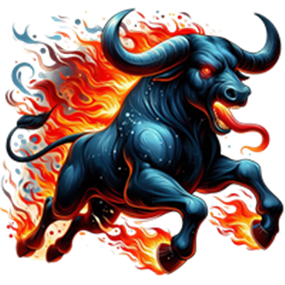 En dramatisk illustration af en sort tyr omgivet af flammer, der symboliserer styrke.