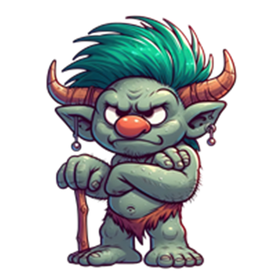 En cartoon-lignende trold med grøn hud, horn og farverigt hår, der står med armene krydset.