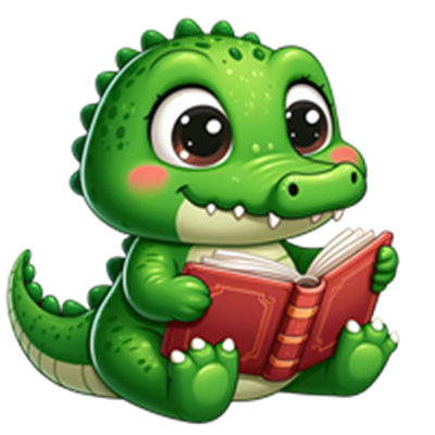 En sød, grøn krokodille, der sidder og læser en bog med store, glade øjne.