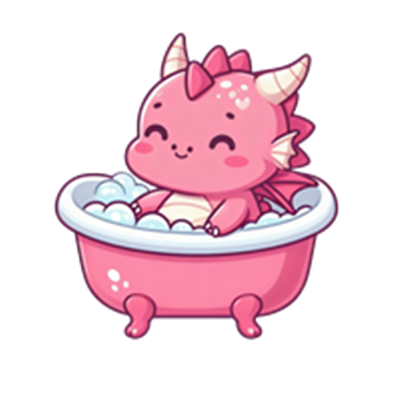 En glad, pink drage sidder i et badekar fyldt med bobler.