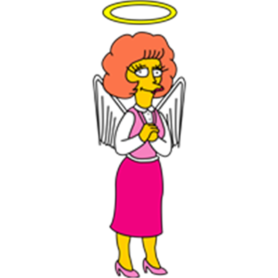 En tegneserieengel med lyserøde klæder og vinger, der beder.