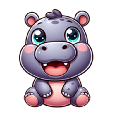 En tegnet, glad flodhest med store øjne og en smilende mund, der sidder ned.