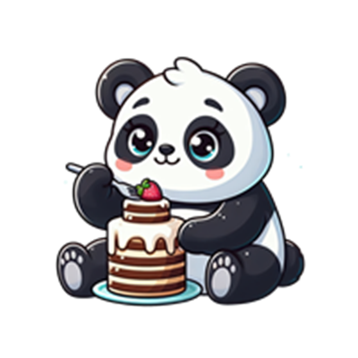 En sød panda sidder og spiser en lagkage med jordbær på toppen.