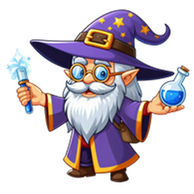 En venlig troldmand iført en lilla kappe, holder en tryllestav og en potion.