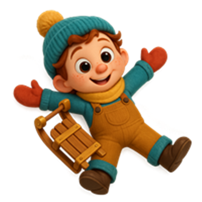 En glad, animeret dreng iført en farverig vinterdragt og en slæde.