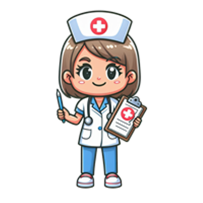 En tegnet sygeplejerske med kort hår, iført uniform og holding en clipboard.