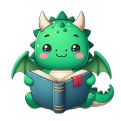En nuttet grøn drage sidder og læser en bog med et glad udtryk.