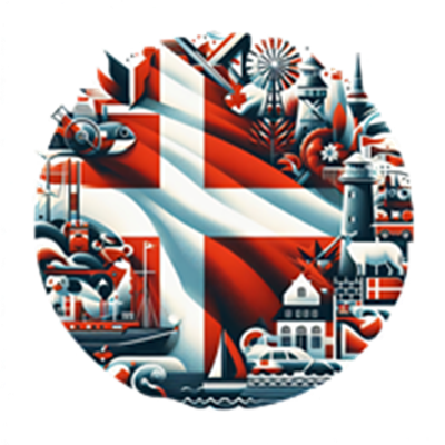 En farverig illustration af det danske flag omgivet af symboler for dansk kultur og natur.