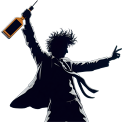 En silhuet af en person med krøllet hår, der holder en flaske op i luften.