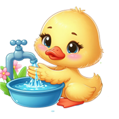En farverig illustration af en lille and, der vasker hænder ved en vandhane.