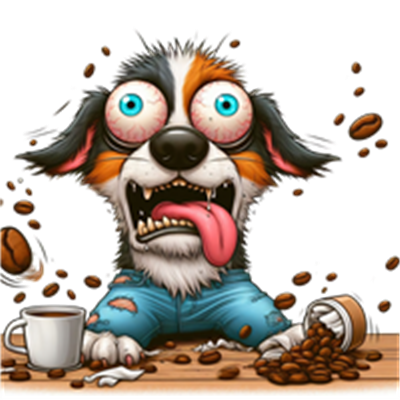 En humoristisk tegning af en hund, der ser overdrevent energisk og forvirret ud, omgivet af kaffebønner.