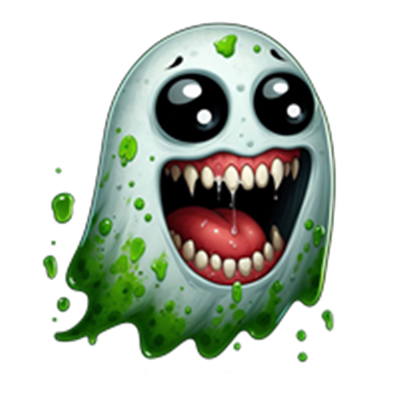 Et farverigt og sjovt spøgelse med store øjne og et bredt smil, der ser venligt ud.