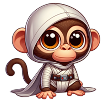 En tegneserieagtig abe iført en hvid kappe og bandage, der ser venlig ud.