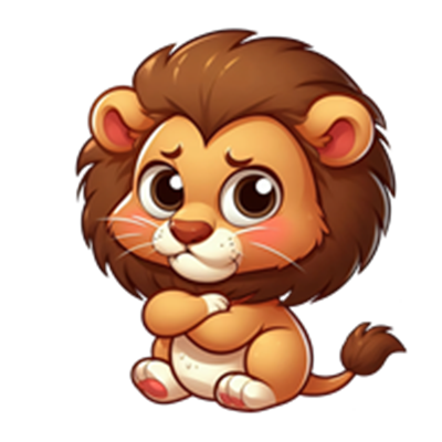 En nuttet, cartoon-inspireret løve med store øjne og en fluffy manke.