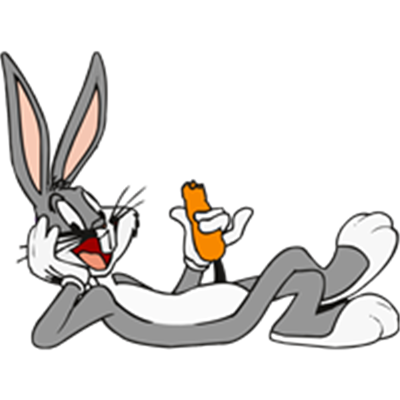 En tegneseriefigur af en kanin, der ligger afslappet og holder en gulerod.