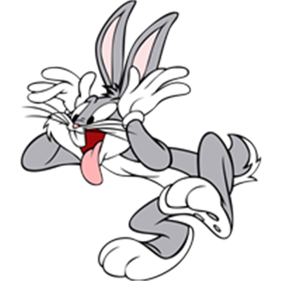 En humoristisk tegneseriefigur af en grå kanin, der laver sjove ansigtstræk.