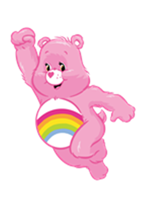 En sød, pink bjørn, der svæver med en regnbue på maven, symboliserer glæde og venlighed.