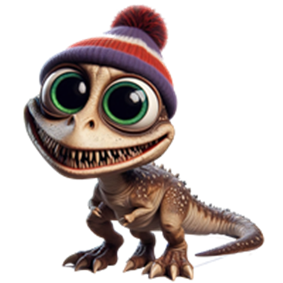 En farverig og venlig dinosaur-lignende karakter iført en hue, med store øjne og et smil.