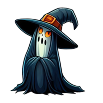 En farverig og venlig spøgelsesfigur iført en heksehue og kappe, med lysende øjne.