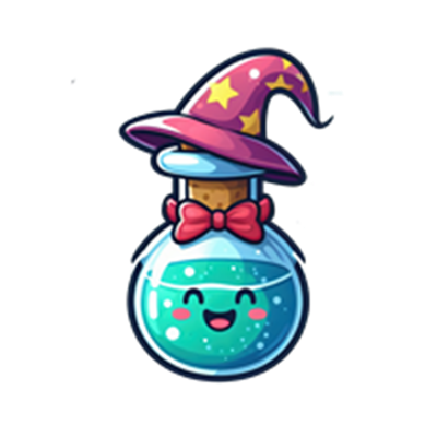 En farverig og glad potion i en flaske med en tryllestavhat og en sløjfe.