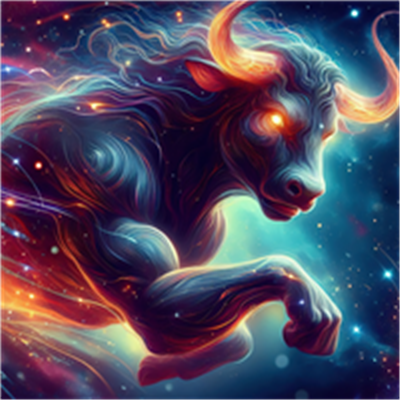 En dramatisk og farverig fremstilling af en tyr, der bevæger sig gennem et stjernespækket rum.