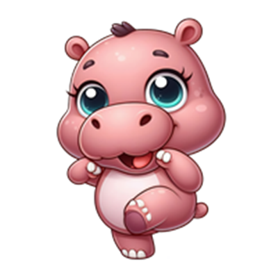 En farverig, glad flodhest i tegneseriestil, der ser ud til at danse.