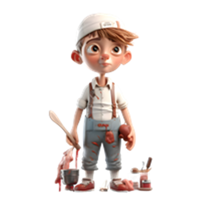 En ung dreng iført malertøj og en cap, omgivet af malerværktøj og farvepletter.