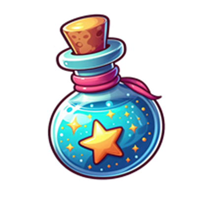 En farverig potionflaske med en stjerne og glitrende effekter.