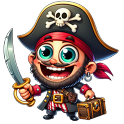 En farverig og glad pirat med sabel, hat med dødningehoved og en kiste.