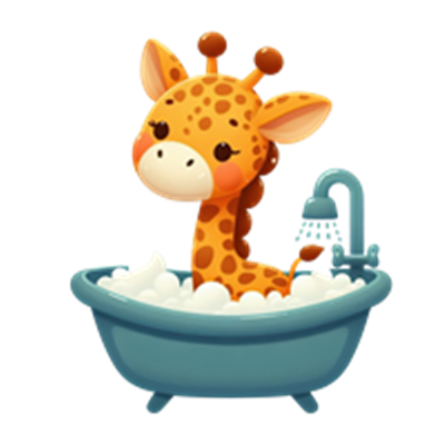 En sød, tegnet giraf, der nyder et bad i en blå badekar fyldt med sæbeskumbobler.