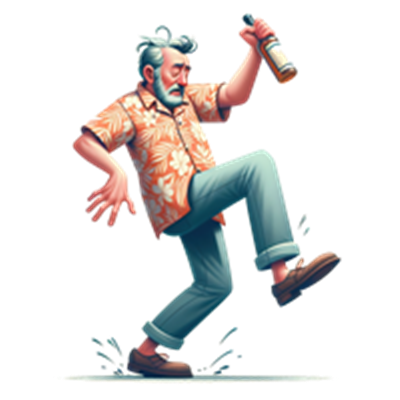 En humoristisk illustration af en ældre mand, der danser med en flaske i hånden.